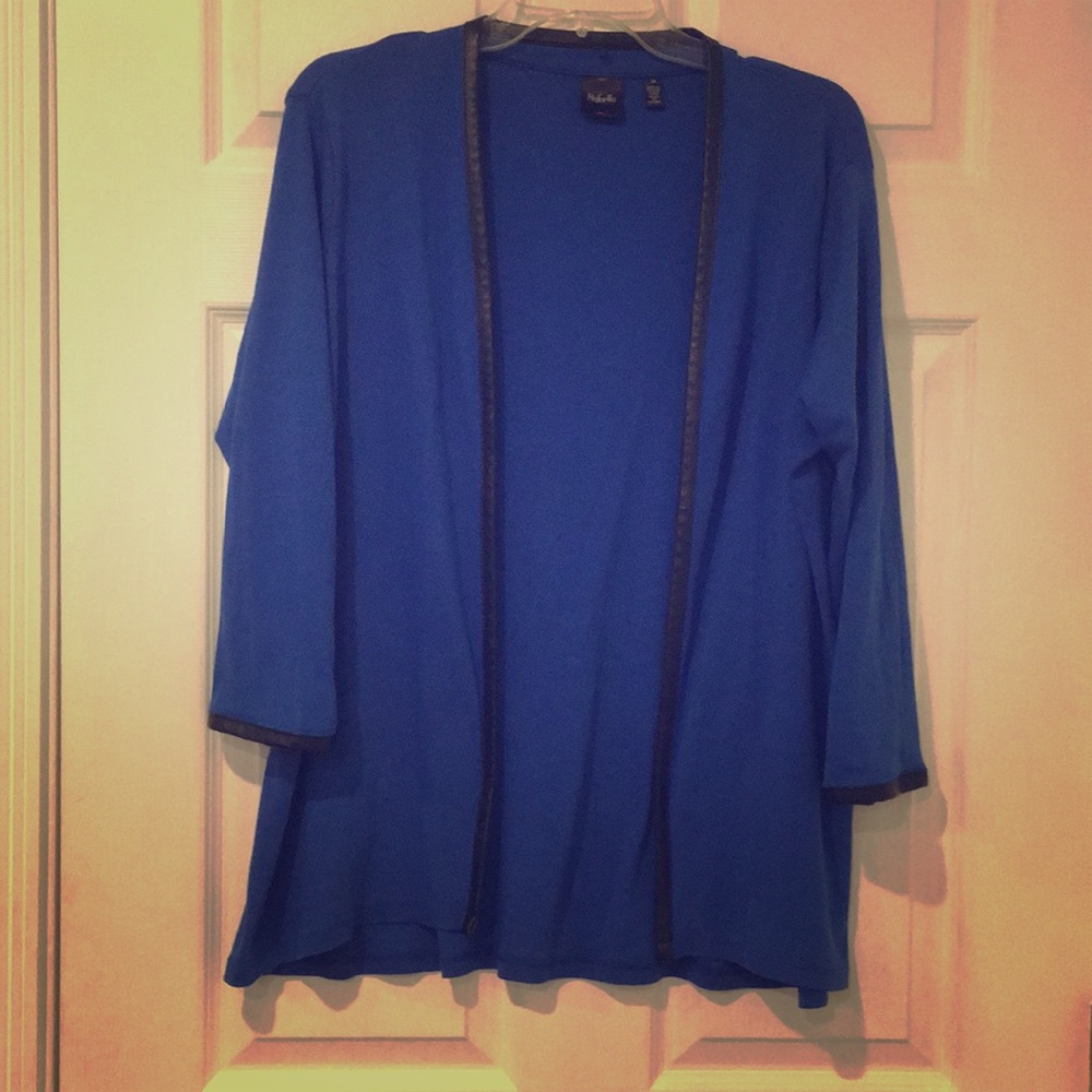 Rafaella open front cardigan, leather like trim.
